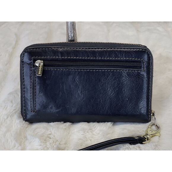 FOSSIL Sydney Black Leather Wristlet Wallet Clutch Zip Around Medium - Picture 2 of 7